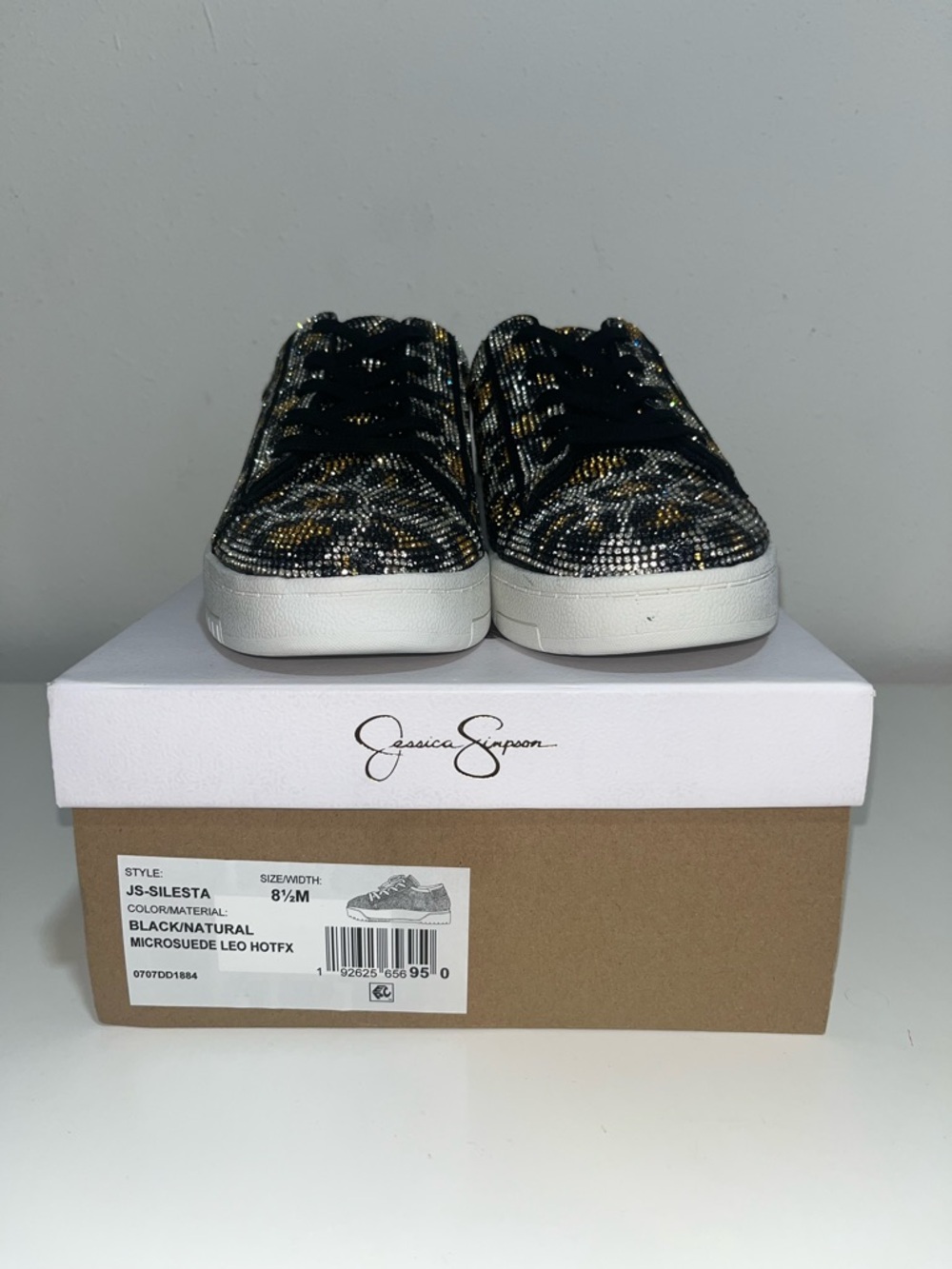 Jessica Simpson Black Sneaker with Gold and Silver Crystal Leopard Accents 8.5 - Picture 3 of 5